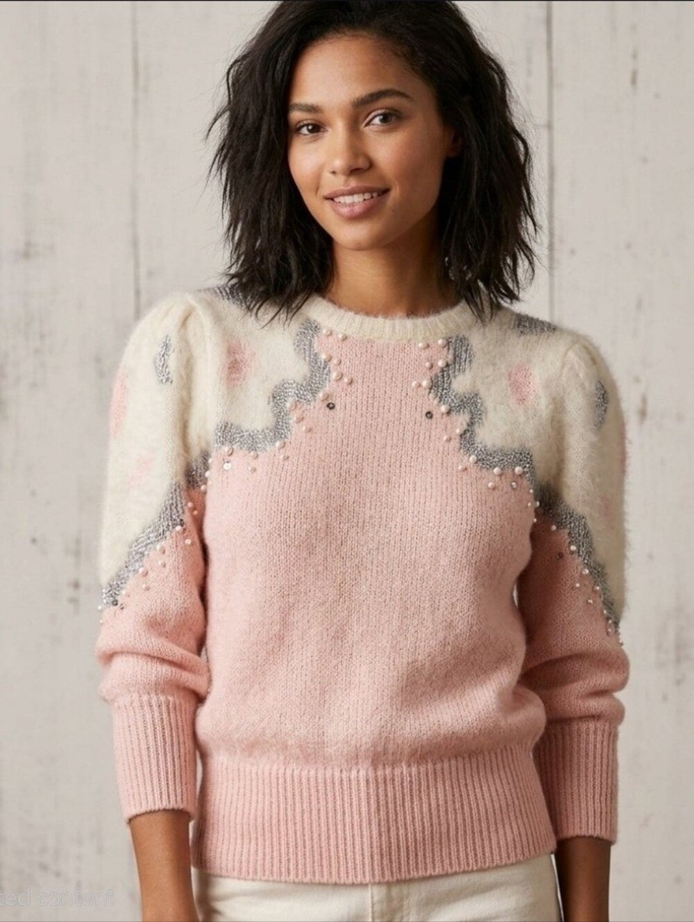 RARE Angora Wool Pearl Embellished Pink Sweater Size Small 80s VINTAGE